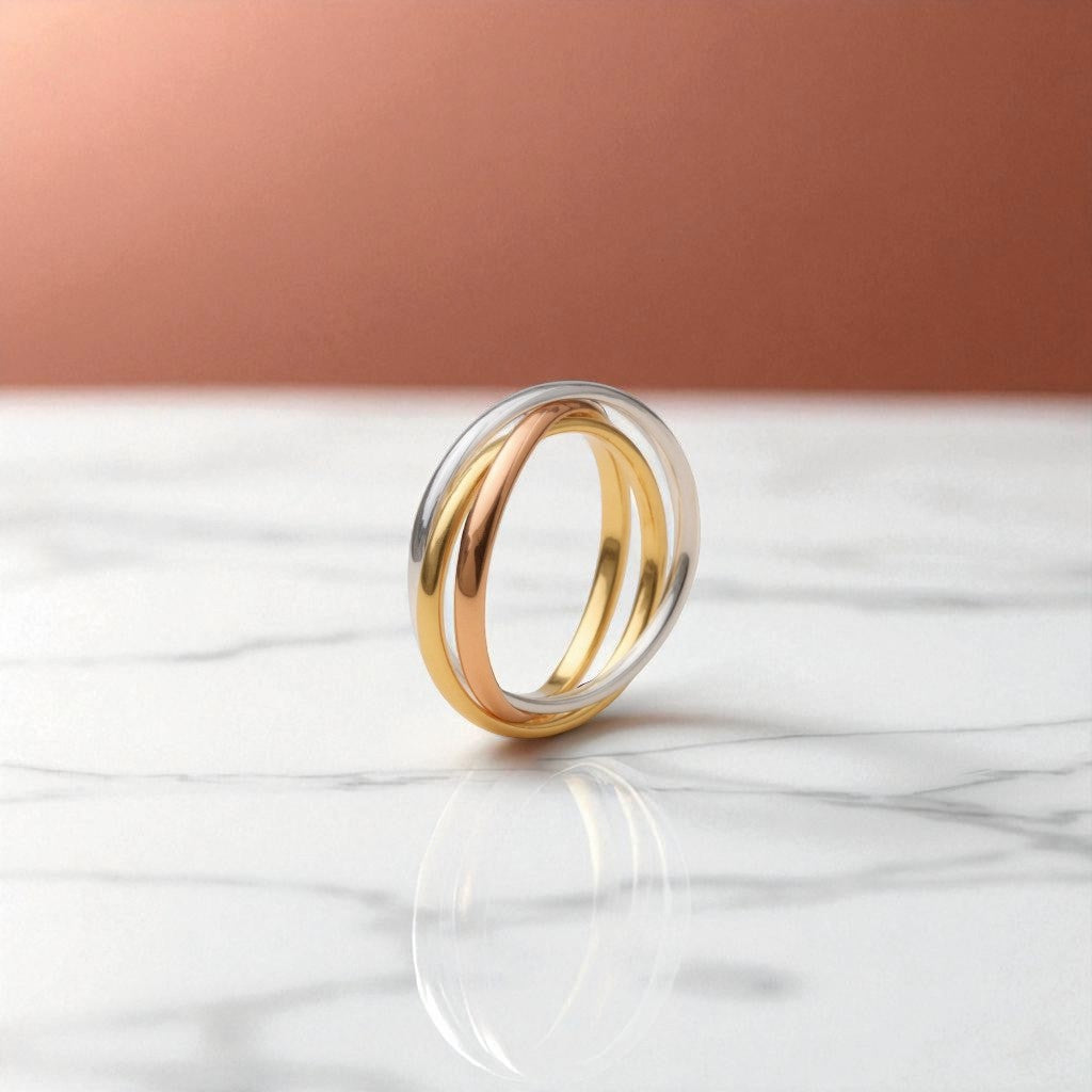 Discover the timeless elegance of our Women's 3 Tone Russian Wedding Ring. This iconic design features three interlocking bands, each crafted from precious gold and holding deep meaning.