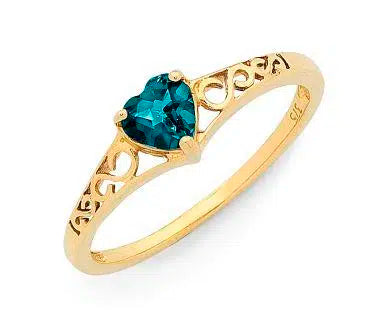 9Ct Yellow Gold Filagree Ring With London Blue Topaz In Heart Shape Setting