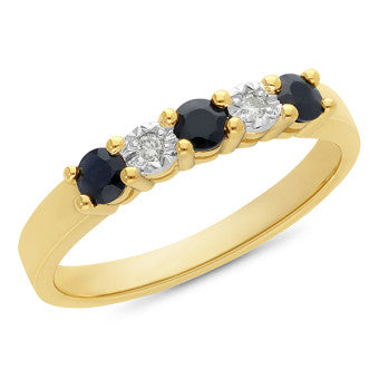 A ladies' ring featuring a claw setting with yellow gold, with sapphire and diamond.
