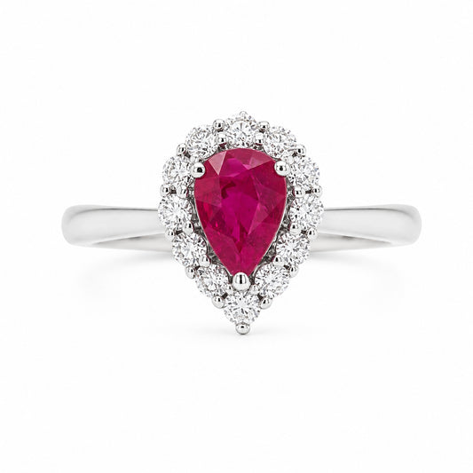 Stunning18ct White Gold Ruby And Diamond Dress Ring Ruby1.07 Pear Shape And Ghsi Diamond0.34Ct