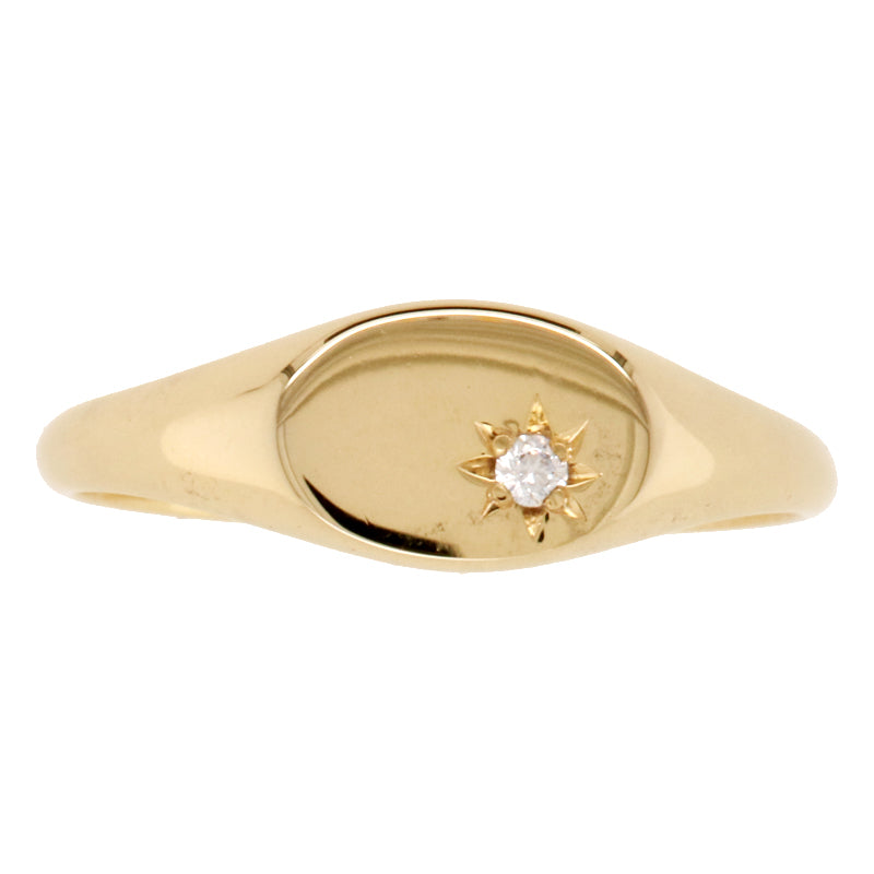A 9ct yellow gold signet ring with a single diamond is a classic and elegant piece of jewelry. These rings feature a traditional flat top, often oval or cushion-shaped, with a small diamond typically set flush into the gold for a subtle sparkle.