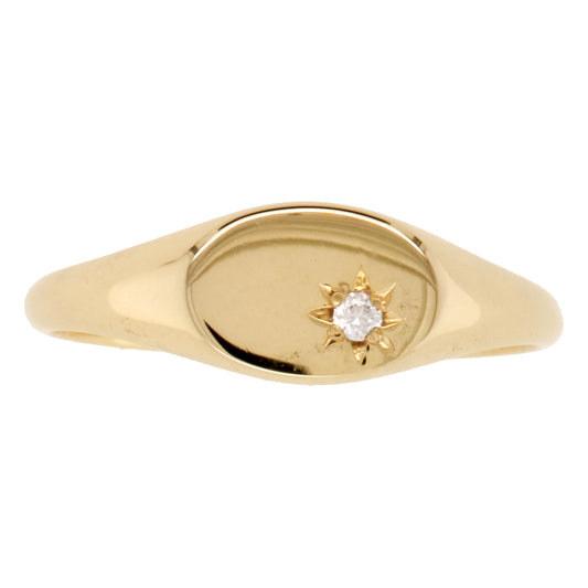 This Exquisite Signet Ring For Women Is Crafted From 9Ct Yellow Gold And Is Adorned With A Sparkling Diamond.