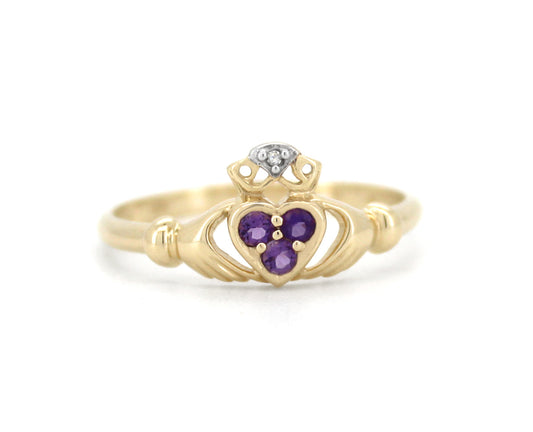 Ladies 9Ct Yellow Gold Amethyst And Diamond Cladaugh Ring (SIZE P