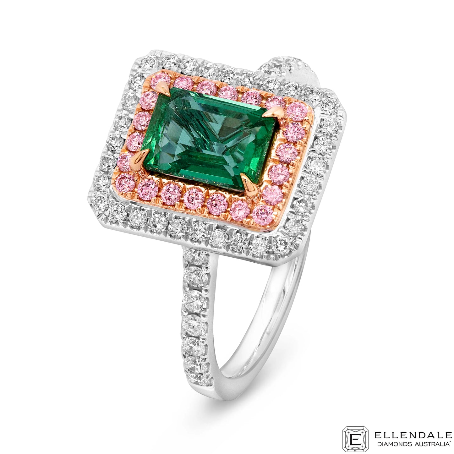 Ladies white pink diamond emeral 18Ct white gold ring