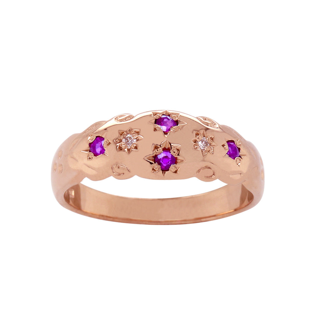 Amethyst is the birthstone for February and is often associated with calmness, clarity, and protection.