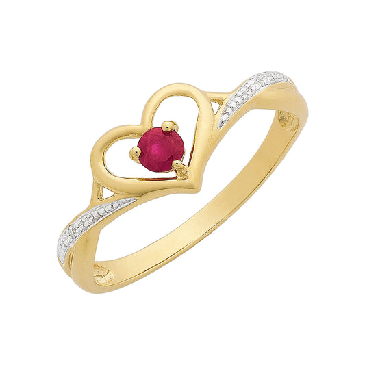 "Heart-shaped ruby and diamond ring in 9ct yellow gold."