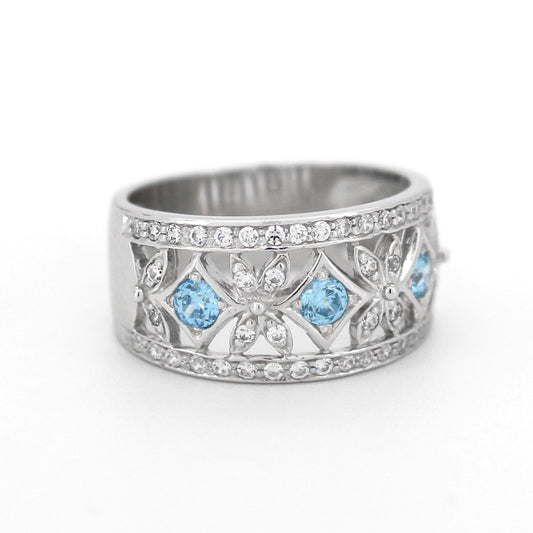 Ladies 9Ct White Gold Cubic Zirconia Ring With Light Blue Spinel Gemstones