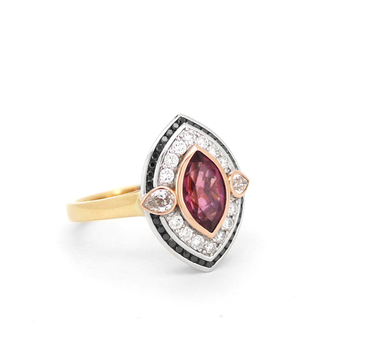 18Ct Y/W Gold With White And Black Diamonds With Pink Centre Tourmaline Marquise