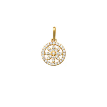 18K Yellow Gold Circle Pendant Flower Design In Centre Set With Cz's 10Mm