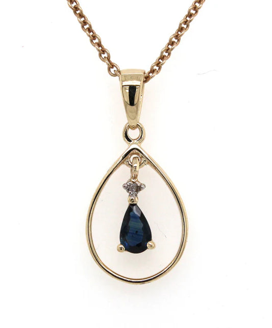 9K Yellow Gold Pear Sapphire & Diamond Pendant
