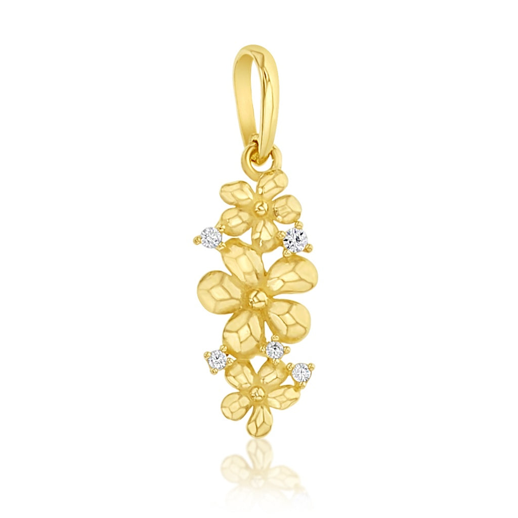 9Ct Yellow Gold Triple Daisy Drop Pendant With Cubic Zirconia