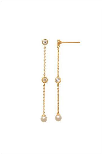 9Ct Yellow Gold 4Cm Drop Cubic Zirconia And Pearl Drop Stud Earrings So Elegant