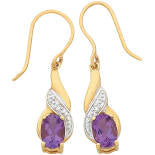 Ladies 9Ct Yellow GoldFamethyst And Diamond Chip Drop Earrings