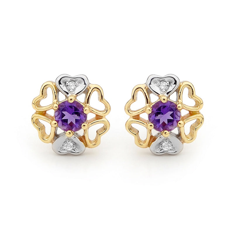 Amethyst Heart Petal Earrings with Diamonds