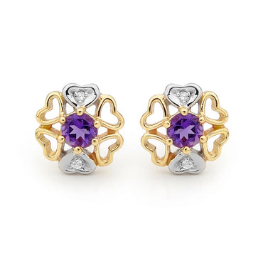 Amethyst Heart Petal Earrings with Diamonds
