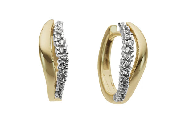 Earrings made of 9 carat yellow and white gold, featuring a hinged design adorned with full cut diamonds totaling 0.16ct HSI round.