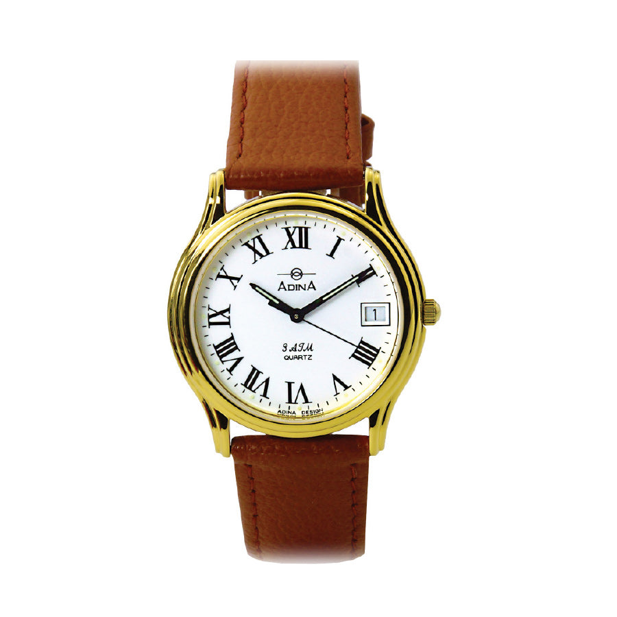 Adina Ladies Roman Numeral White Face Watch Gold Plated Over Stainless Steel Case 30M Water Resistant Date And Tan Leather Band.