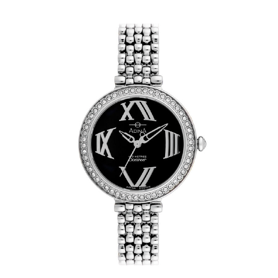 Adina ladies stainless steel black face roman numerals stainless steel bracelet 100m water resistant