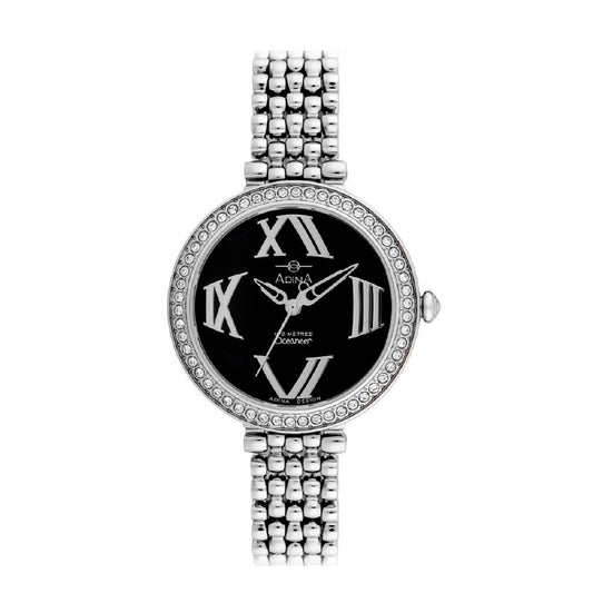 Adina ladies stainless steel black face roman numerals stainless steel bracelet 100m water resistant