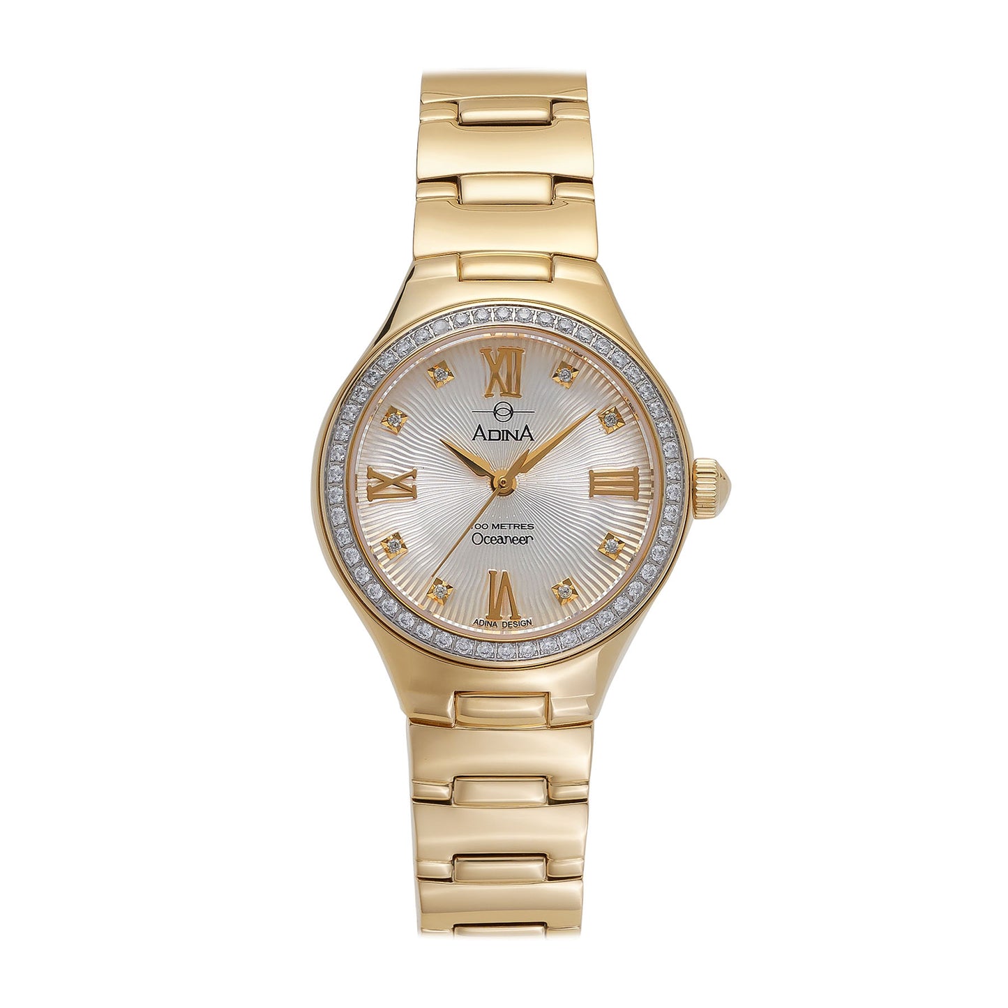 Ladies adina gold ion plated oceaneer white face gold battond 100m stone set around cade of watch