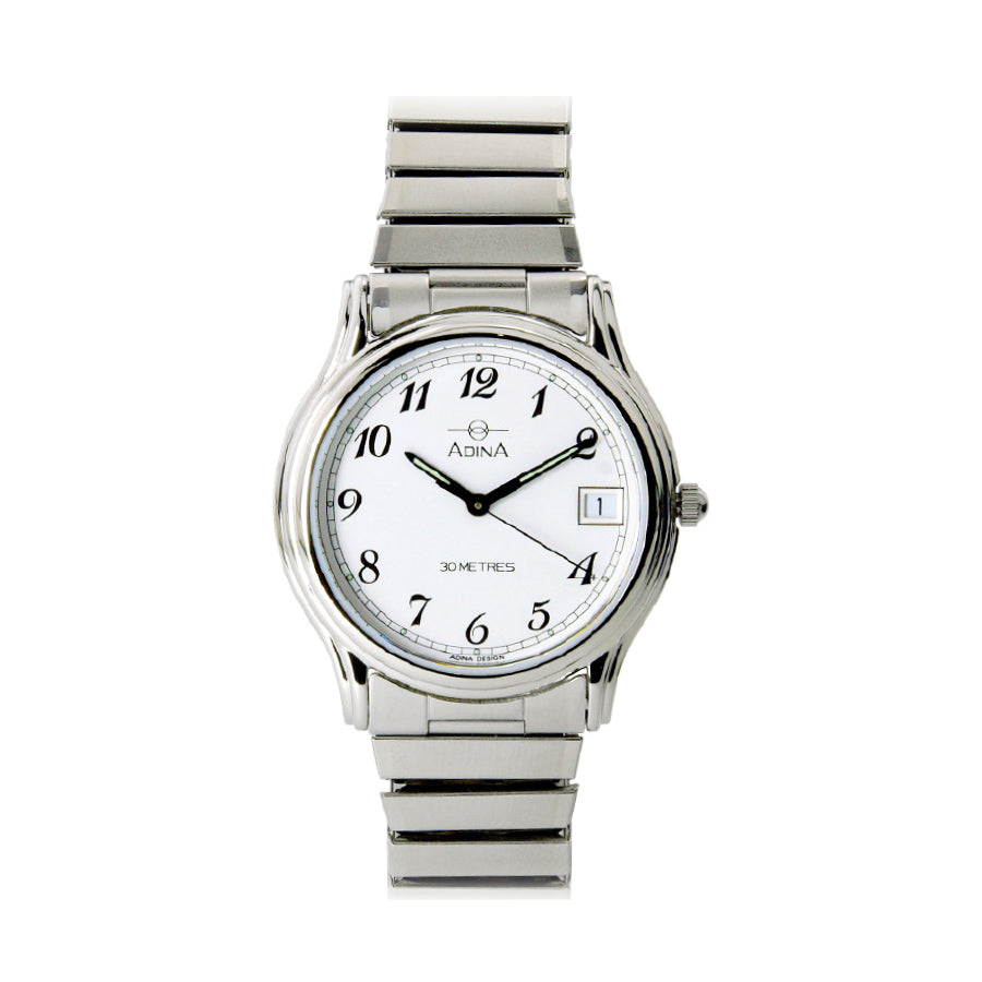 Ladies stainless steel white face with arabic numbers 30m water resistance also shows date and has a stretch band