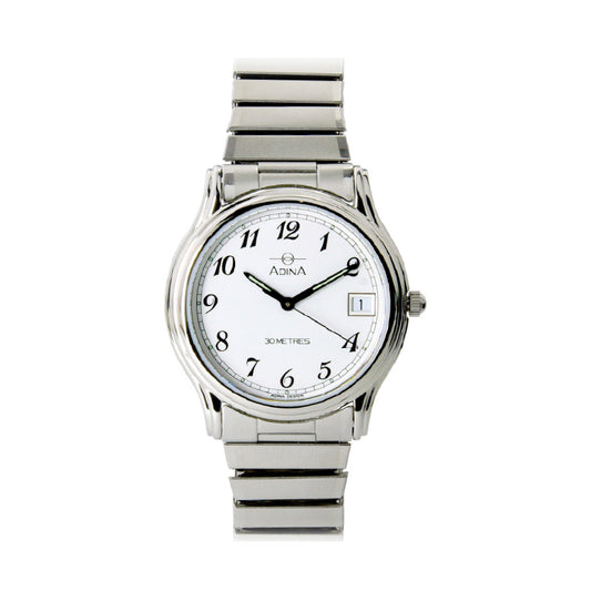 Ladies stainless steel white face with arabic numbers 30m water resistance also shows date and has a stretch band