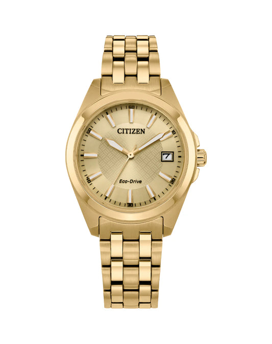 Ladies citizen eco drive stainless steel gold ion plated with date gold face and battons