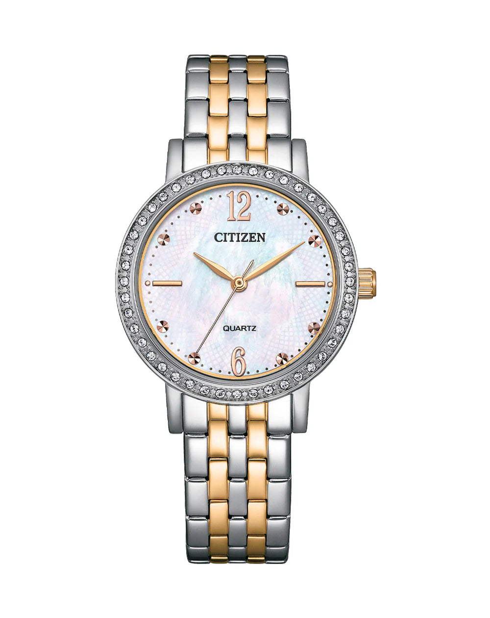 Citizen Ladies 2 Tone Dress Watch 50M Water Resistant Crystals Around The Case Of The Watch And Has A Mother Of Pearl Face