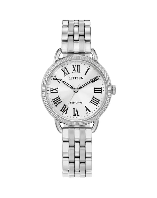 Ladies Citizen Stainless Steel Eco Drive Silver Grey Roman Numerals Bracelet 50M Water Resistant And Never Have To Buy A Battery Again As Our Eco Drive Watches Are Powered By Light.