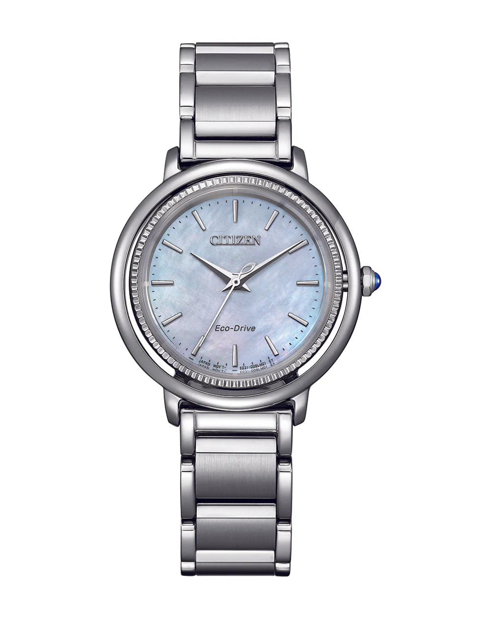 Ladies Eco Drive Stainless Steel Grey Mother Of Pearl Face Sapphire Glass 5 Year Warranty 50M Water Resistant Watch
