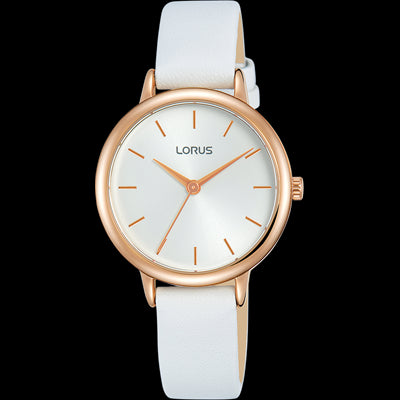 A Stylish Lourus Watch For Women Featuring A Beautiful Rose Gold Finish And A Sleek White Leather Strap.