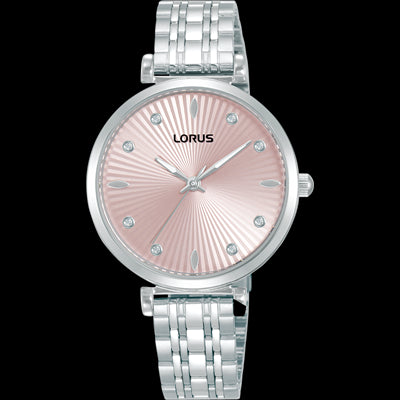 Ladies lorus quartz watch 50m water resistant stylish pink face with stainless steel case and band