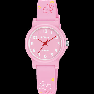 Children Pink Watch Has White Numbers With Red Hands