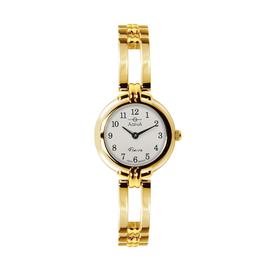 Ladies Flaire Gold Plate White Face With Full Figure Dial And Saphire Glass 30Mm Water Resistant