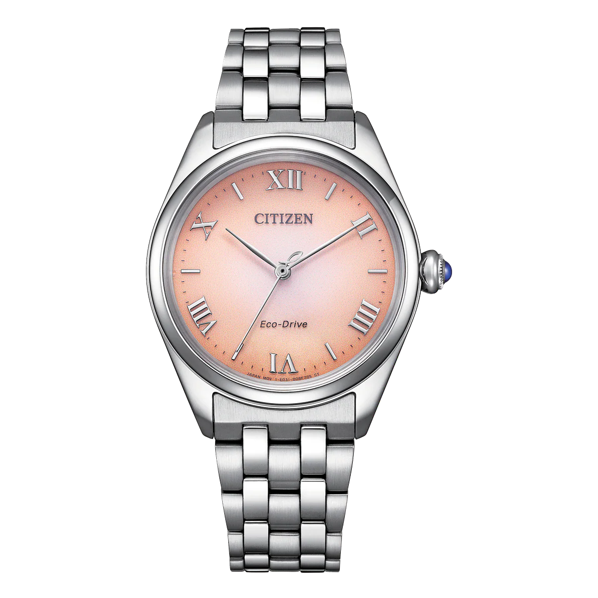 Womens Dress Eco-Drive Stainlesssteel Peach Roman Bracelet 50M Water Resistant Watch. 5 Year Warranty And 6Month Power Reserve