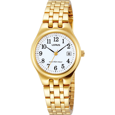 Ladies Stainless Steel Golde Plated White Face Full Figure Number Daywear 50M Watch