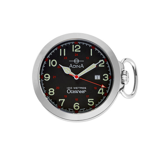 100M Stainless/Steel Pocket Watch Saphire Glass Black Face/ Full Figure