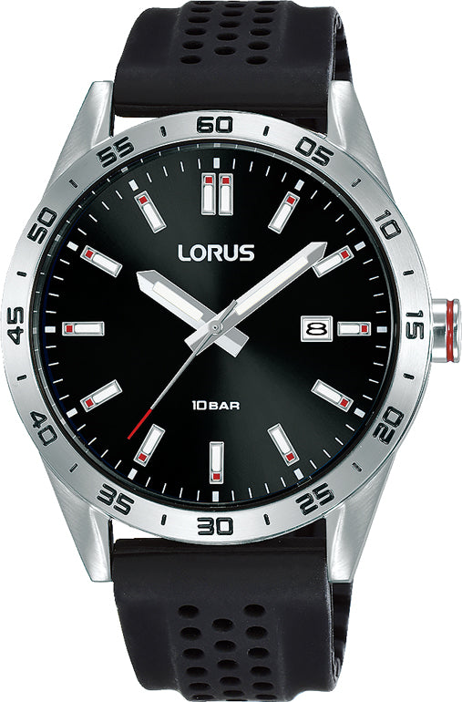 Mens 100M Stainless Steel Watch With Black Rubber Band