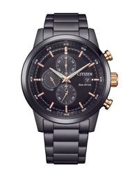 Gents Eco Drive Chronograph Stainless Steel Black Date 43Mm Watch