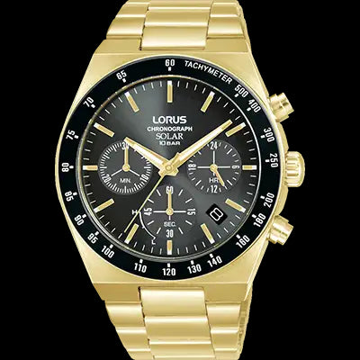 Men's solar-powered watch made of stainless steel, featuring gold plating, a 100m water resistance, and a black dial.