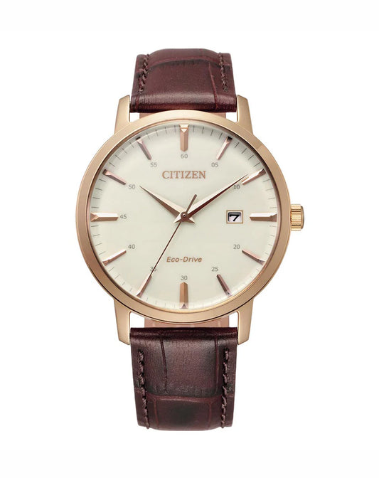 A modern timepiece that displays classic aesthetic appeal. The looks of this watch are equally matched by its reliability. A smooth silver/white sleek dial and oxhide brown leather bracelet. Features include Date, and low charge indicator.