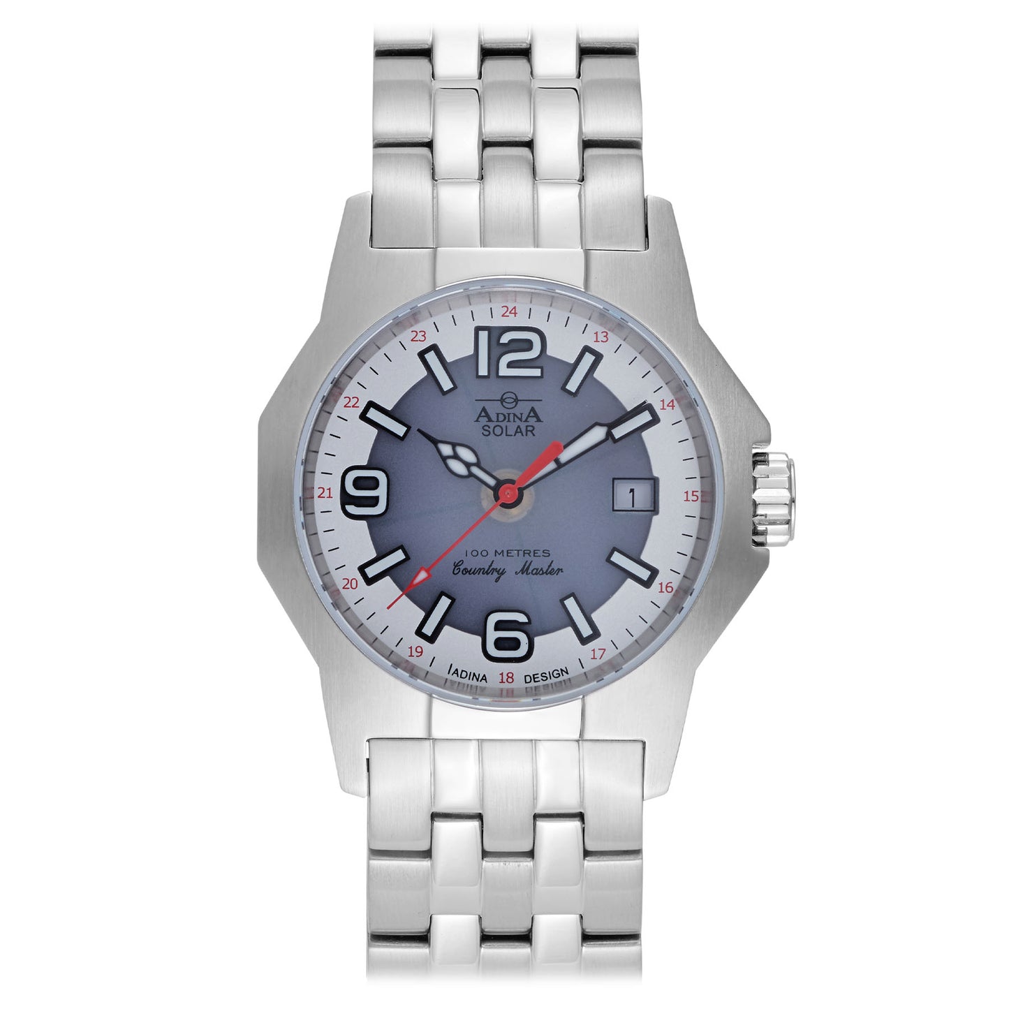 100M Country Master Saphire Glass Stainless /Steel White Full/Figure Solar Watch Blet