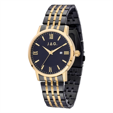 Men's Two-Tone Stainless Steel Watch in Black and Gold Featuring a Black Dial and Gold Markers