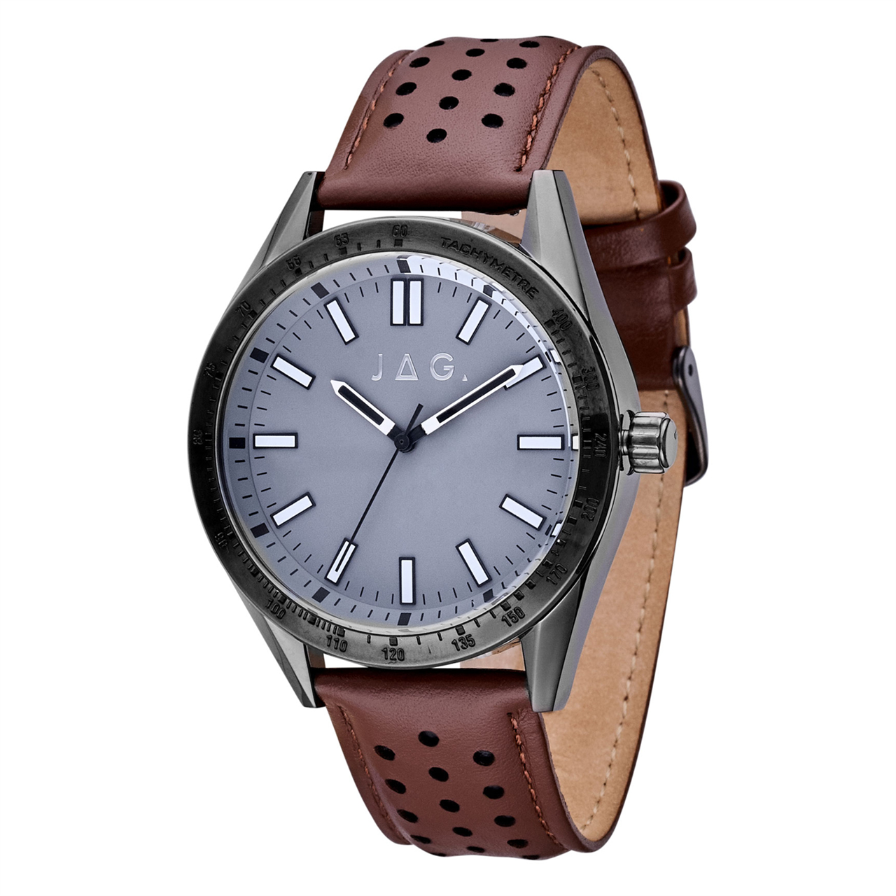 A stylish men's watch crafted from stainless steel, it boasts a blue-grey face and a brown leather band, perfect for dressy occasions.