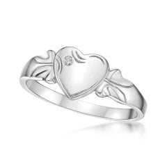 Single Heart Girls Signet Ring in Size L featuring a cubic zirconia birthstone for April