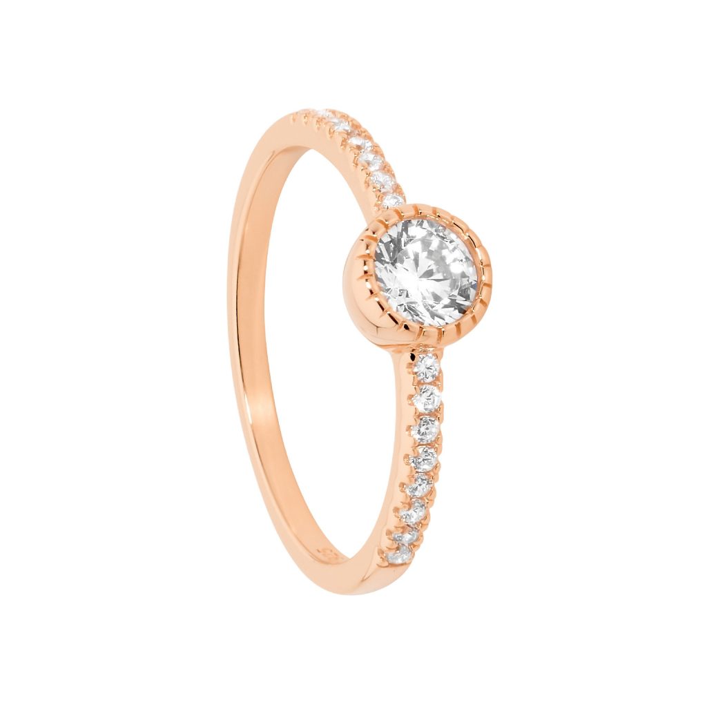 Sterling Silver 5Mm White Cubic Zirconia Crown Set Solitare Cubic Zirconia Rose Gold Plated Ring