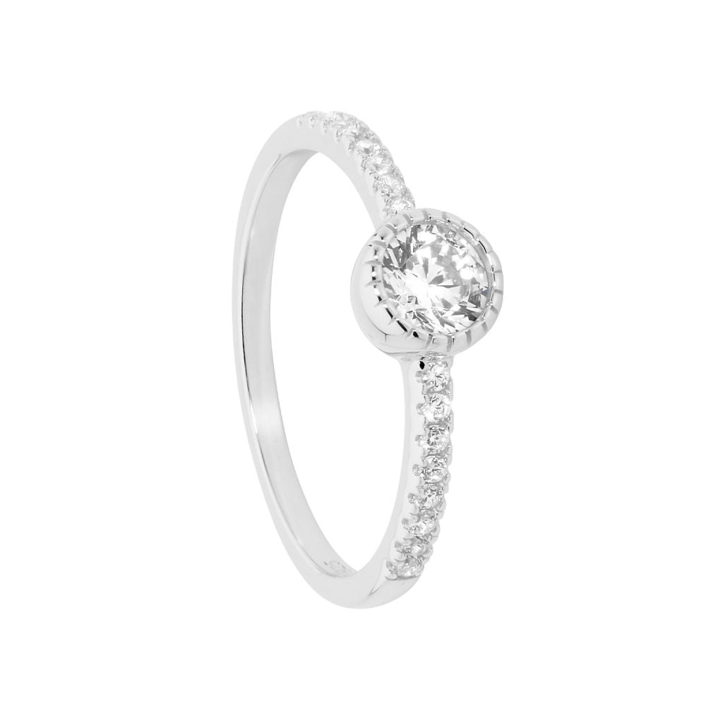 A Ring Crafted From Sterling Silver, Showcasing A White Cubic Zirconia Crown And Cubic Zirconia Accents Flowing Down The Shoulders, Available In Size 10.