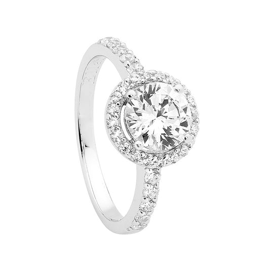 7Mm Round White Cubic Zirconia Ring With White Cubic Zirconia Surround And Band