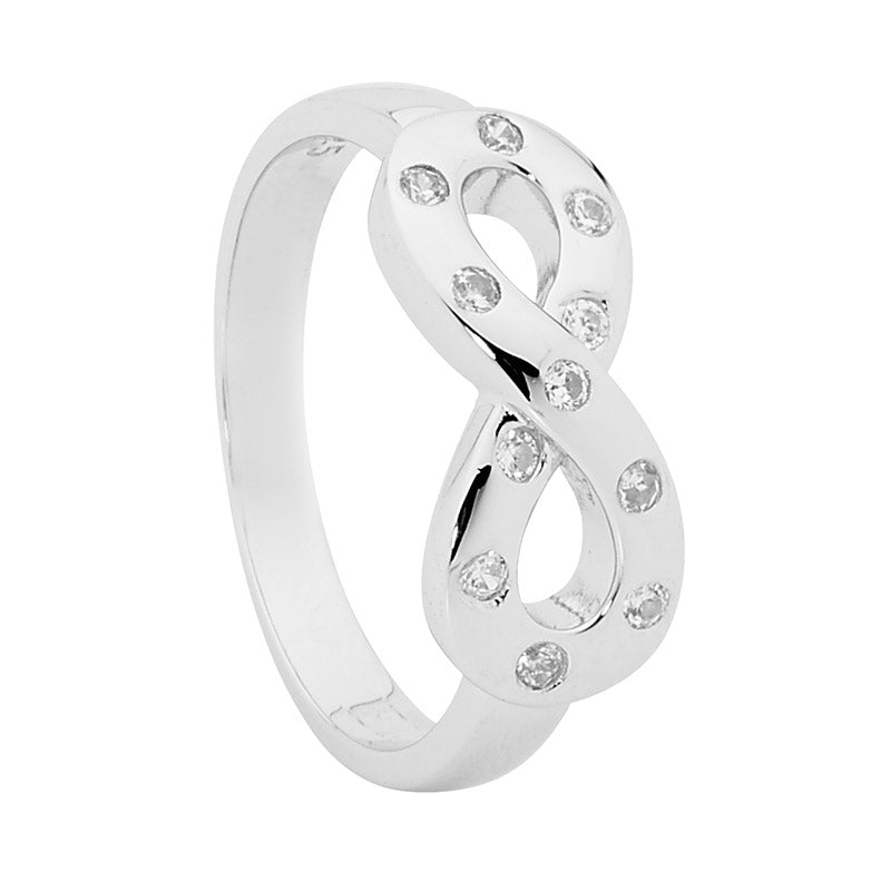 Sterling Silver White Cubic Zirconia Hammer Set Infinity Ring