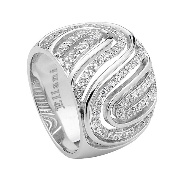 Sterling Silver Wide Band Multi Swirl Ring With Cubic Zirconias